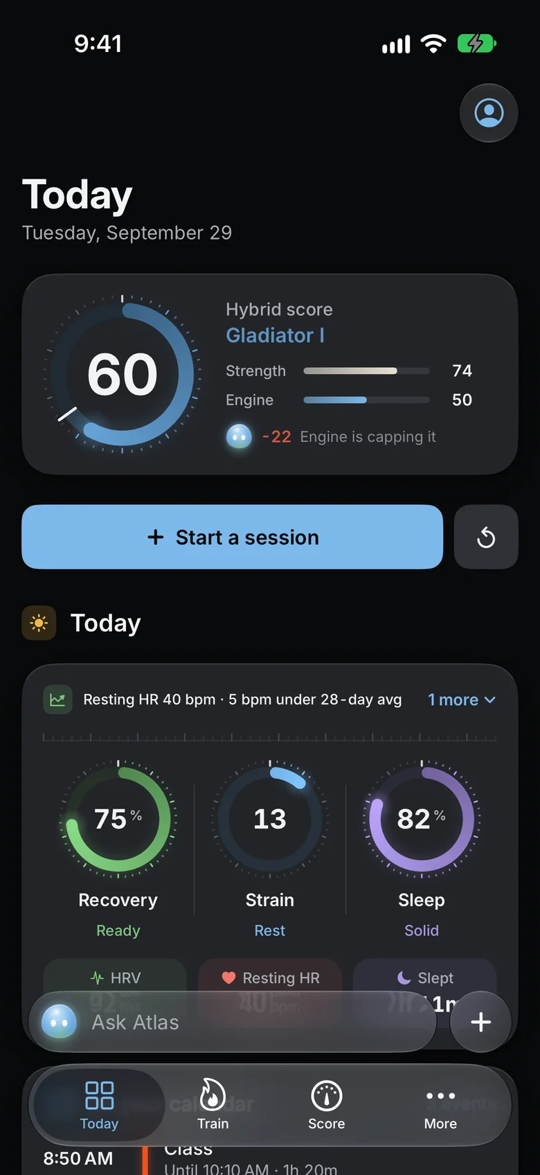 The Today screen: Hybrid Score, recovery, strain and sleep