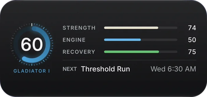 The home screen widget: 60, strength 74, engine 50, recovery 75, next a threshold run